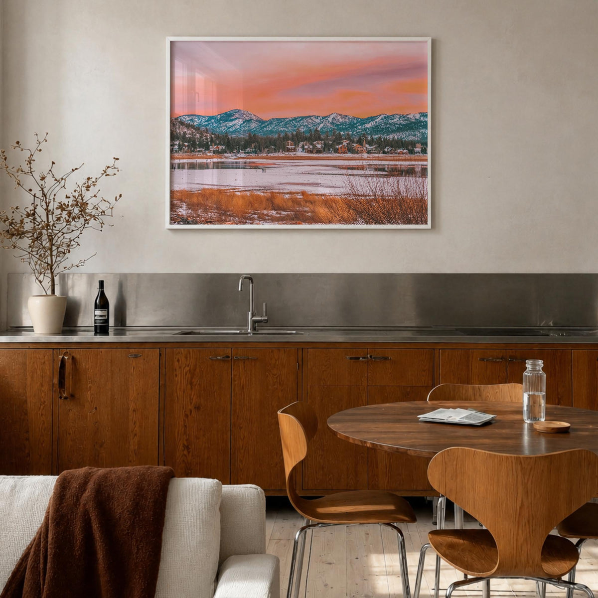 Big Bear Lake colorful photo poster of California, USA – horizontal wall art in white wood frame, hanging on wall