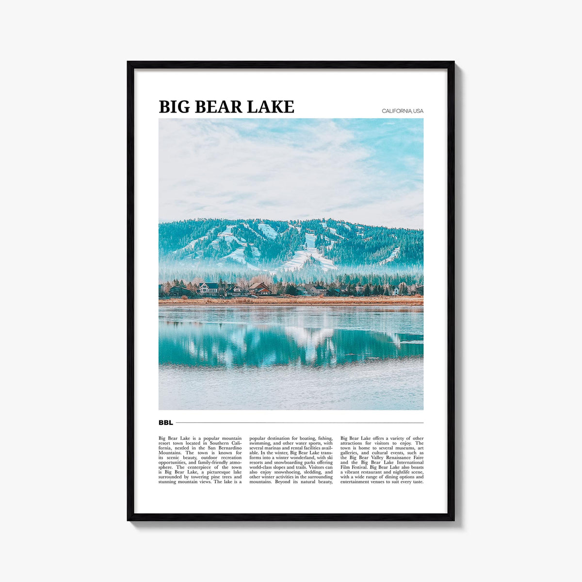 Big Bear Lake colorful travel poster of California, USA – vertical wall art, unframed print shown in interior mockup