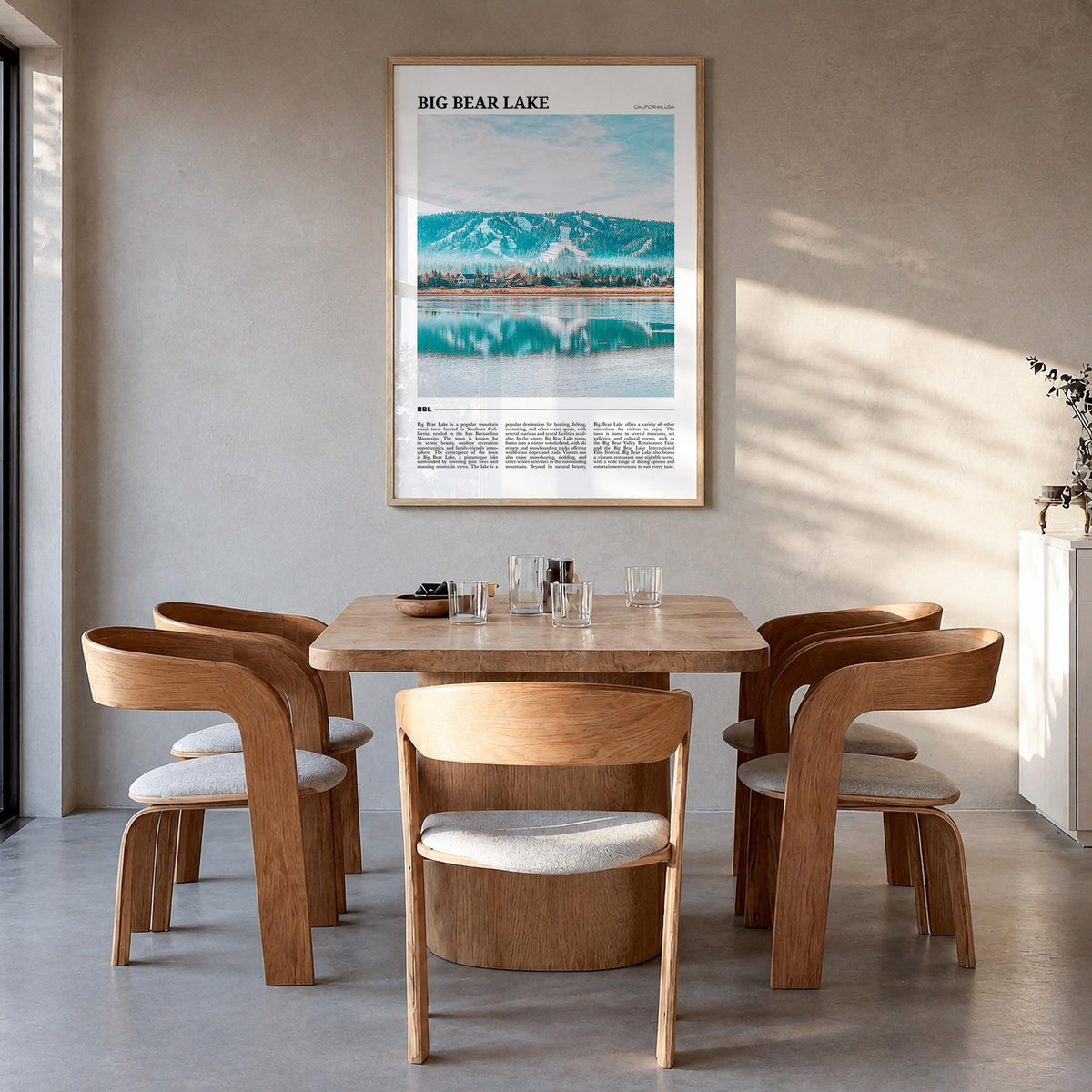 Big Bear Lake colorful travel poster of California, USA – vertical wall art in natural wood frame, hanging on wall