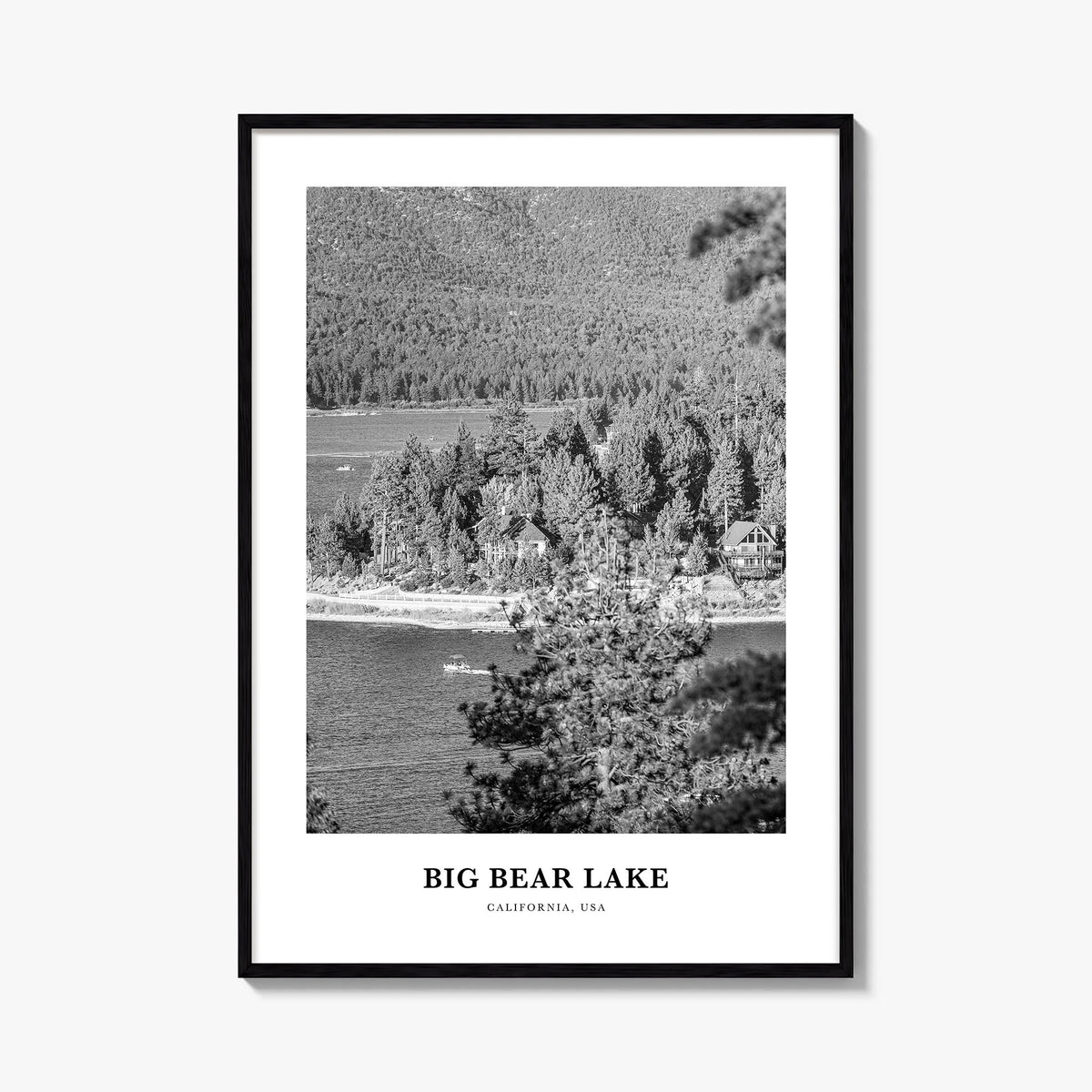 Big Bear Lake no. 1 black & white classic poster of California, USA – vertical wall art, unframed print shown in interior moc