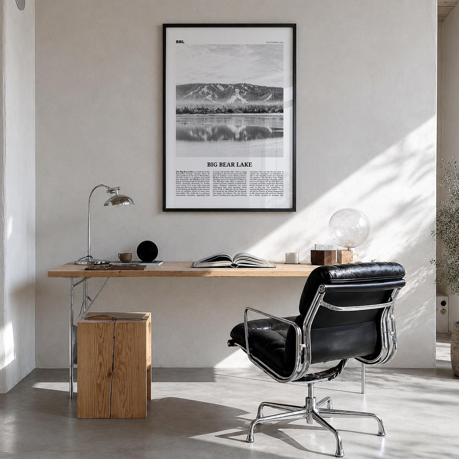 Big Bear Lake no. 1 black & white newspaper poster of California, USA – vertical wall art in black wood frame, hanging on wal
