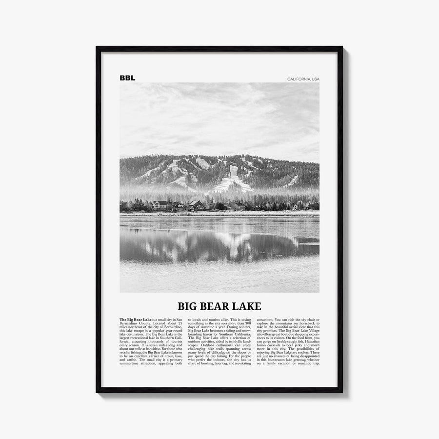 Big Bear Lake no. 1 black & white newspaper poster of California, USA – vertical wall art, unframed print shown in interior m