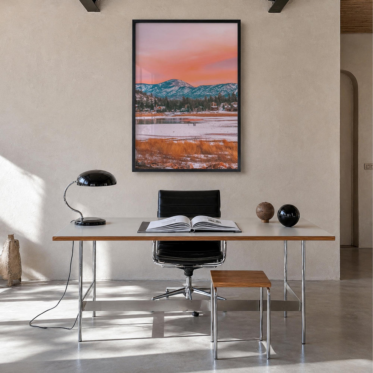 Big Bear Lake no. 1 colorful photo poster of California, USA – vertical wall art in black wood frame, hanging on wall