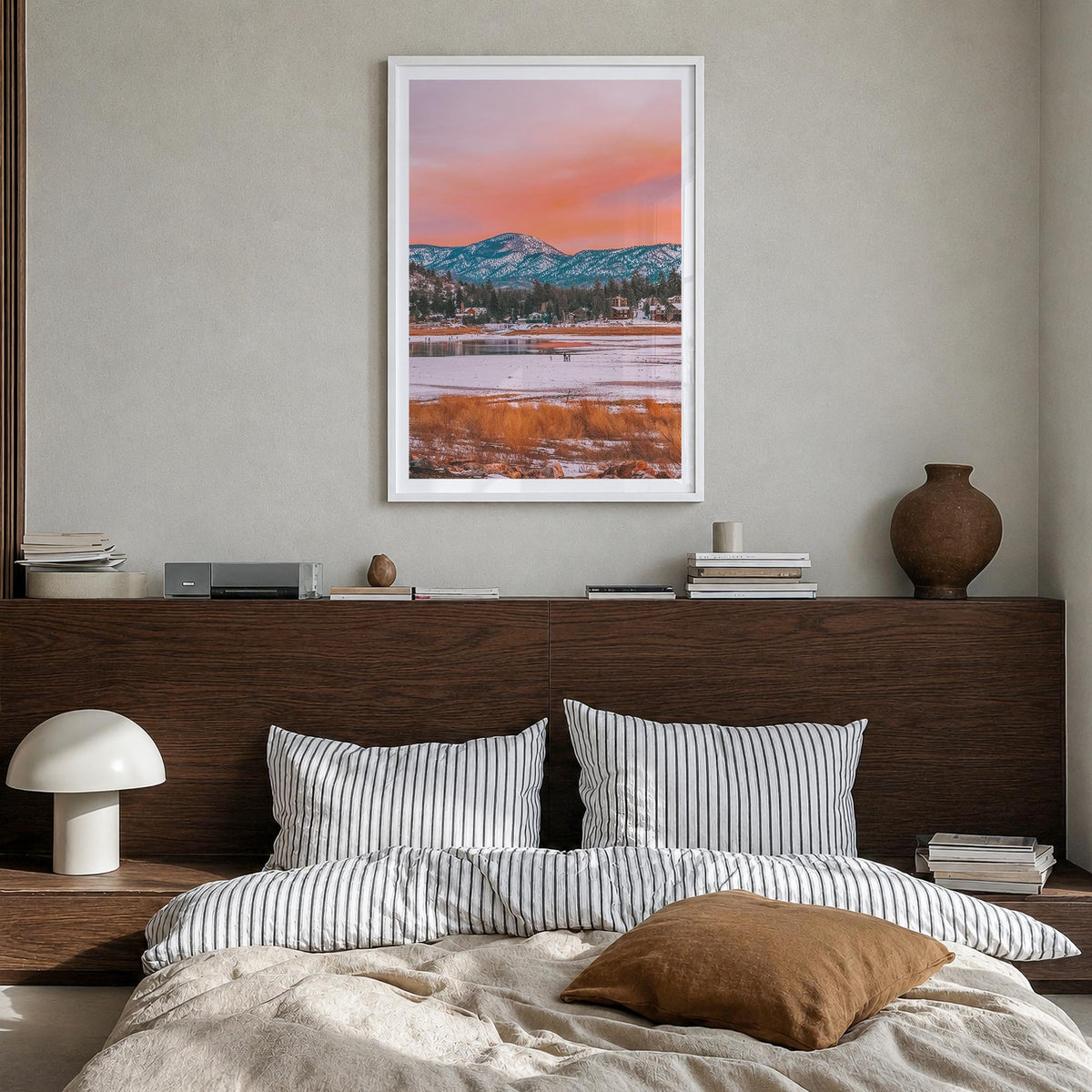Big Bear Lake no. 1 colorful photo poster of California, USA – vertical wall art in white wood frame with white border, hangi