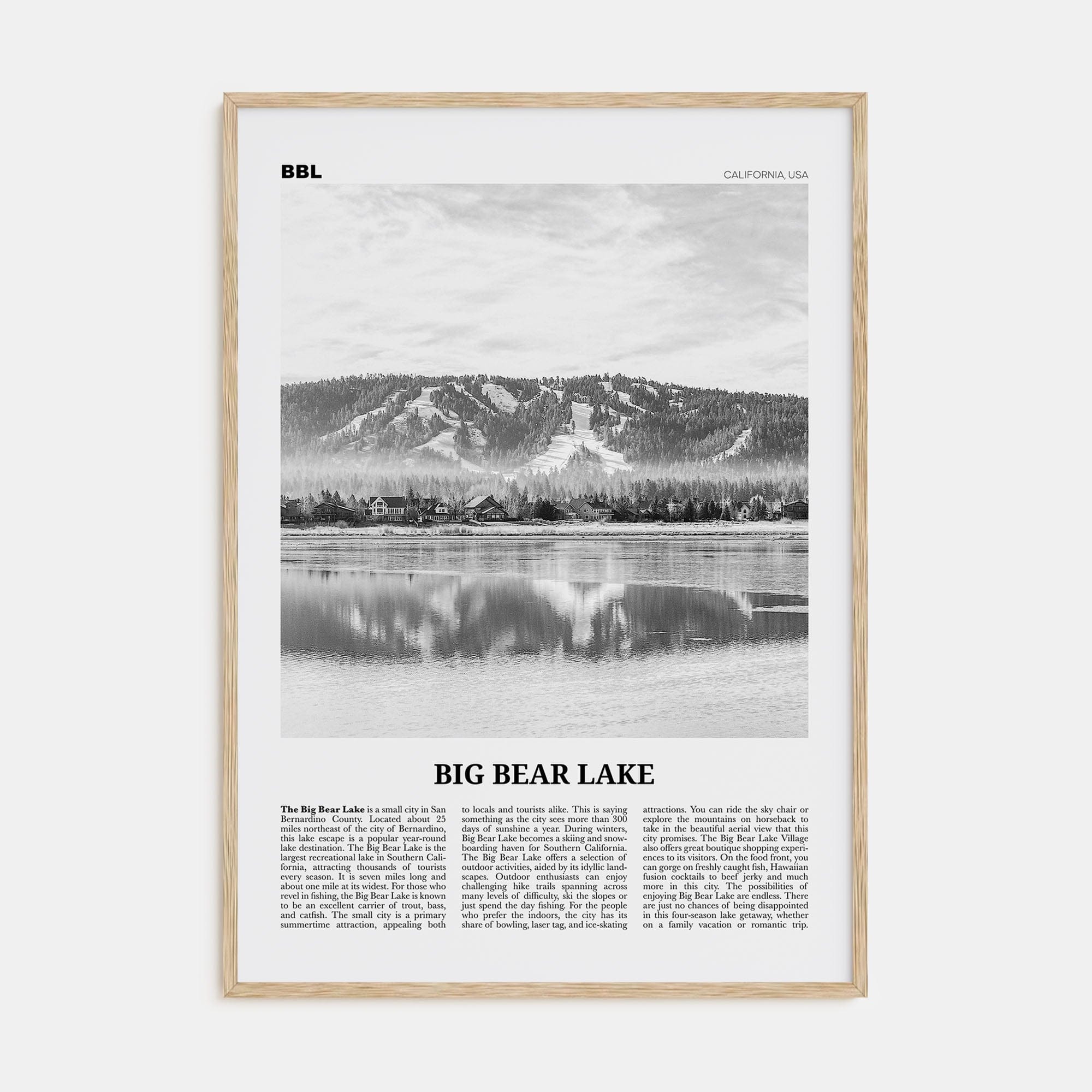 Big Bear Lake No 1 Poster Natural Wood / 8x12 in Nbourhood Travel B&W Poster