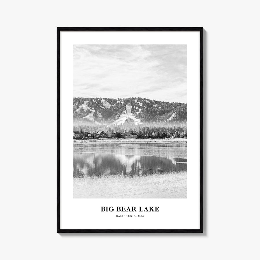 Big Bear Lake no. 2 black & white classic poster of California, USA – vertical wall art, unframed print shown in interior moc