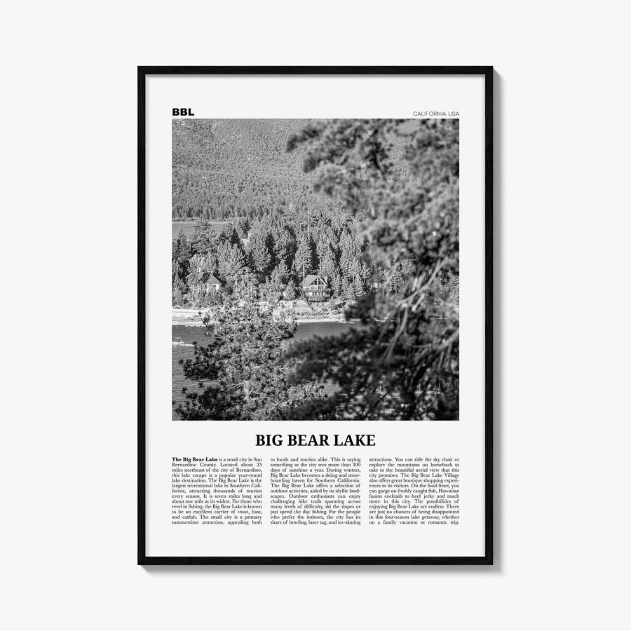 Big Bear Lake no. 2 black & white newspaper poster of California, USA – vertical wall art, unframed print shown in interior m
