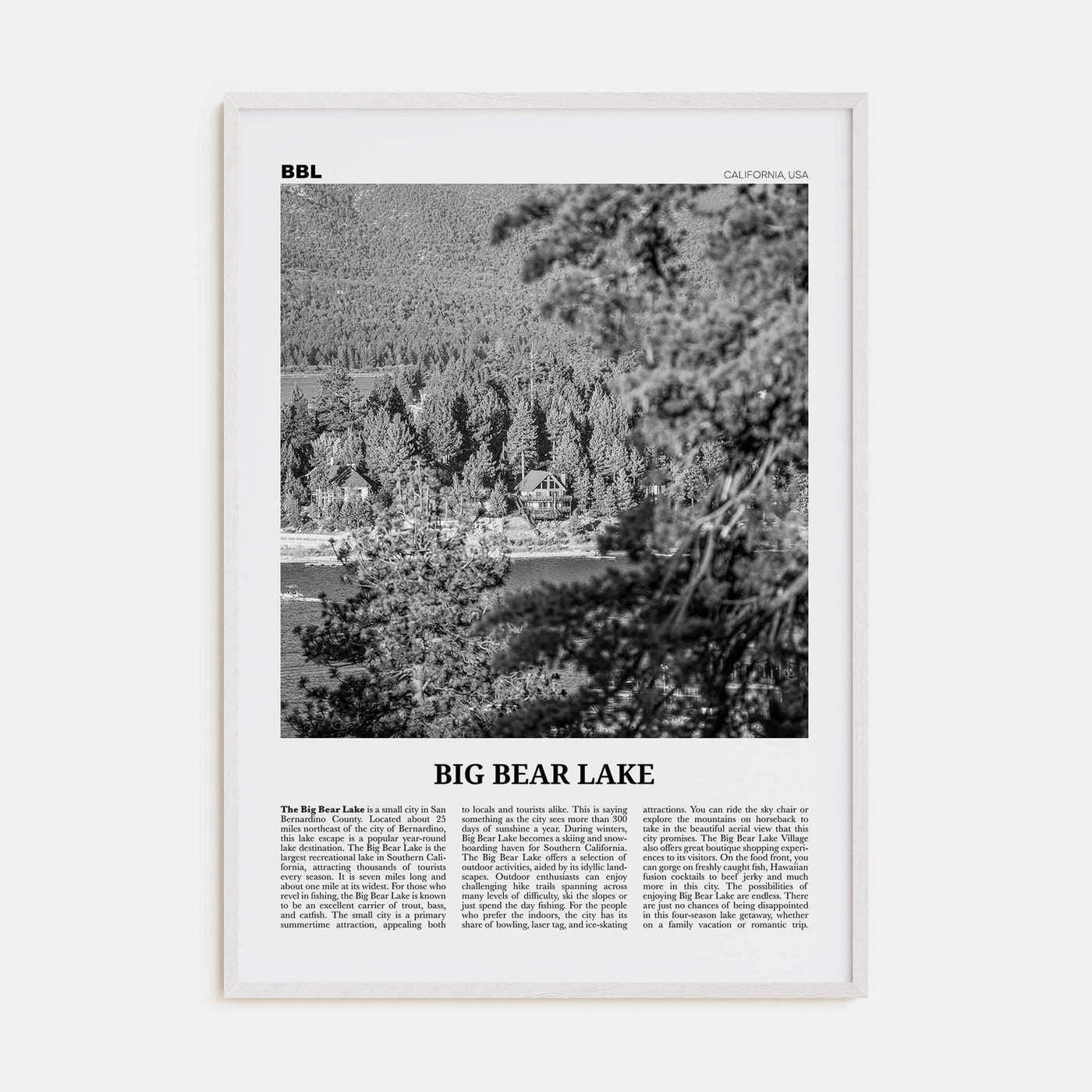 Big Bear Lake No 2 Poster White Wood / 8x12 in Nbourhood Travel B&W Poster