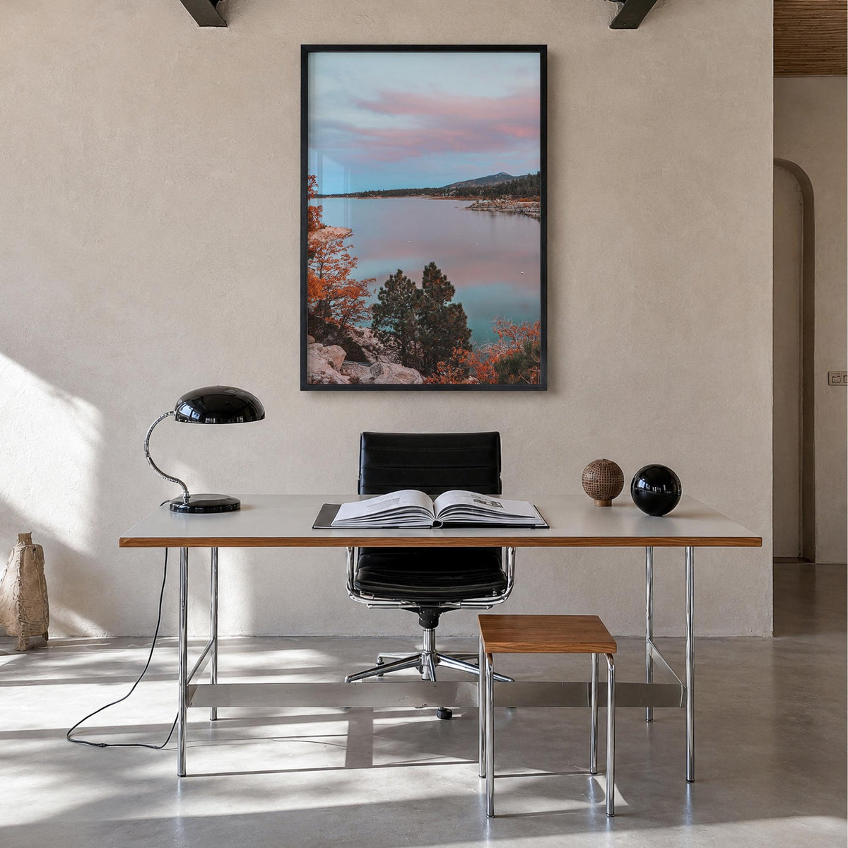 Big Bear Lake no. 3 colorful photo poster of California, USA – vertical wall art in black wood frame, hanging on wall