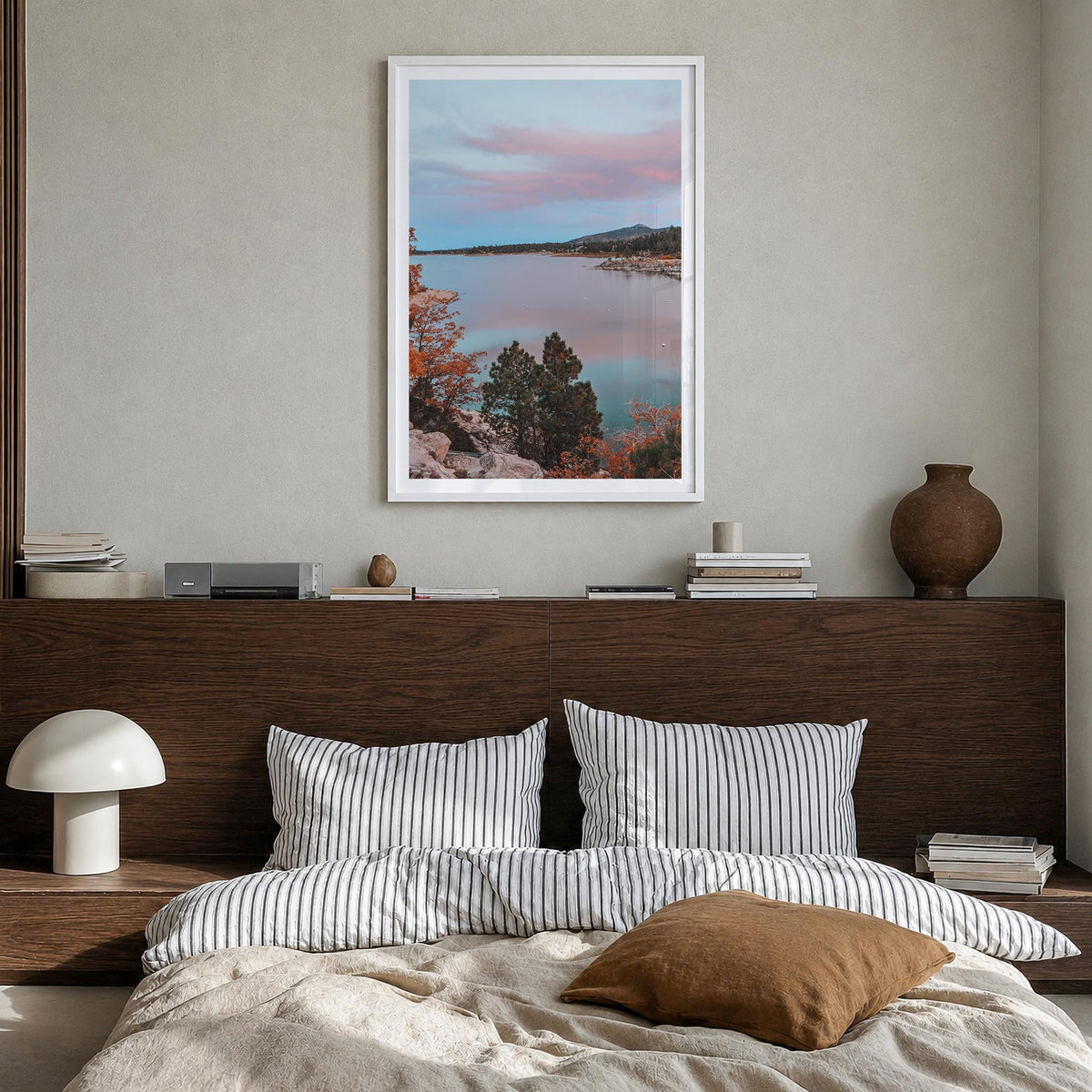 Big Bear Lake no. 3 colorful photo poster of California, USA – vertical wall art in white wood frame with white border, hangi