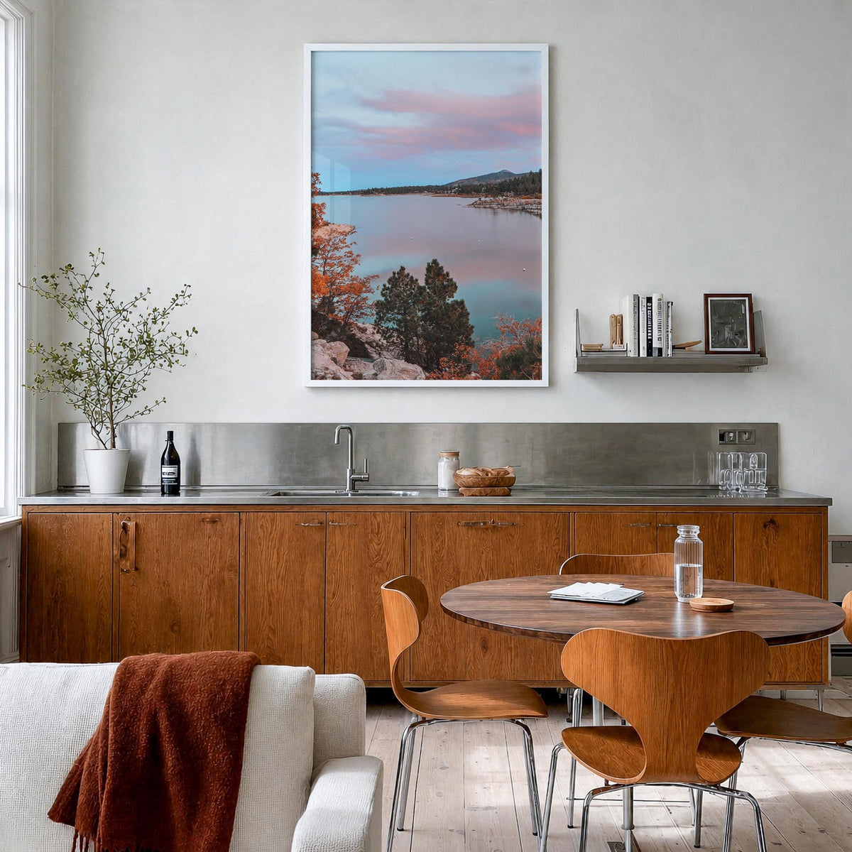 Big Bear Lake no. 3 colorful photo poster of California, USA – vertical wall art in white wood frame, hanging on wall