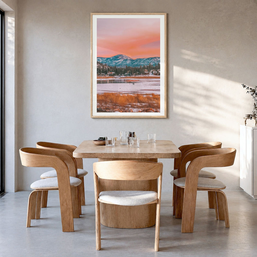 Big Bear Lake Photo No 1 Poster in a natural wood frame, hanging in a dining room, white border