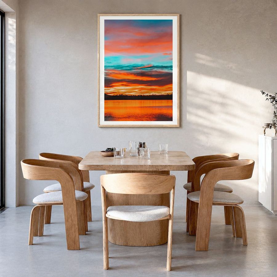 Big Bear Lake Photo No 2 Poster in a natural wood frame, hanging in a dining room, white border