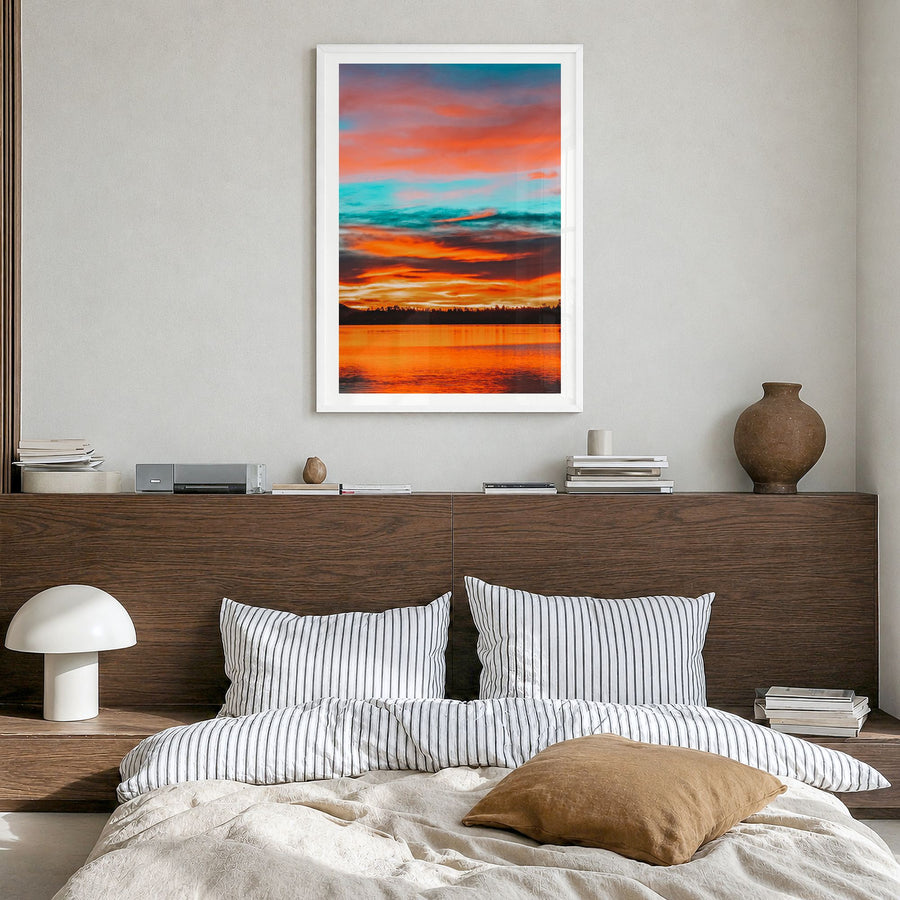 Big Bear Lake Photo No 2 Poster in a white wood frame, hanging in a bedroom, white border