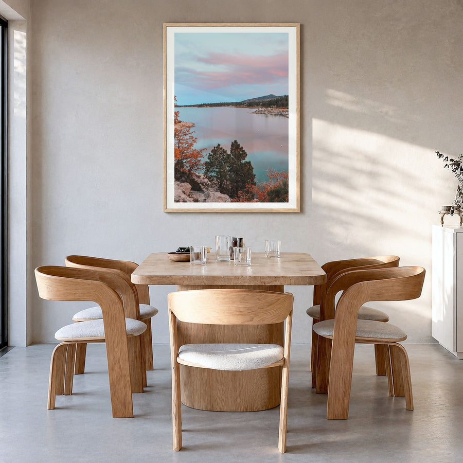 Big Bear Lake Photo No 3 Poster in a natural wood frame, hanging in a dining room, white border