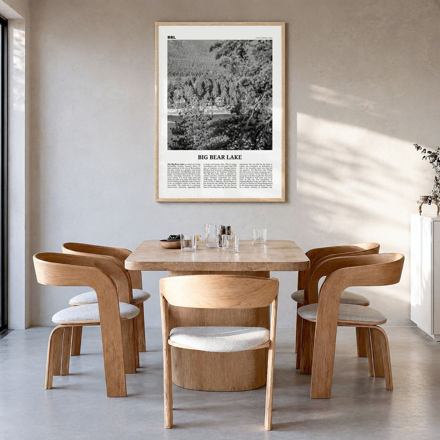 Big Bear Lake Newspaper No 2 Poster in a natural wood frame, hanging in a dining room