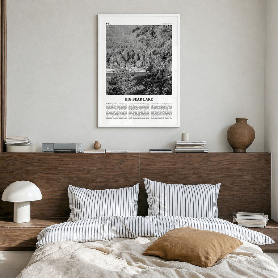 Big Bear Lake Newspaper No 2 Poster in a white wood frame, hanging in a bedroom
