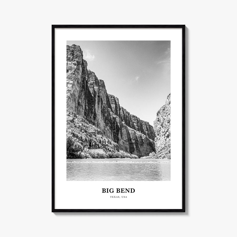 Big Bend National Park black & white classic poster of Texas, USA – vertical wall art, unframed print shown in interior mocku