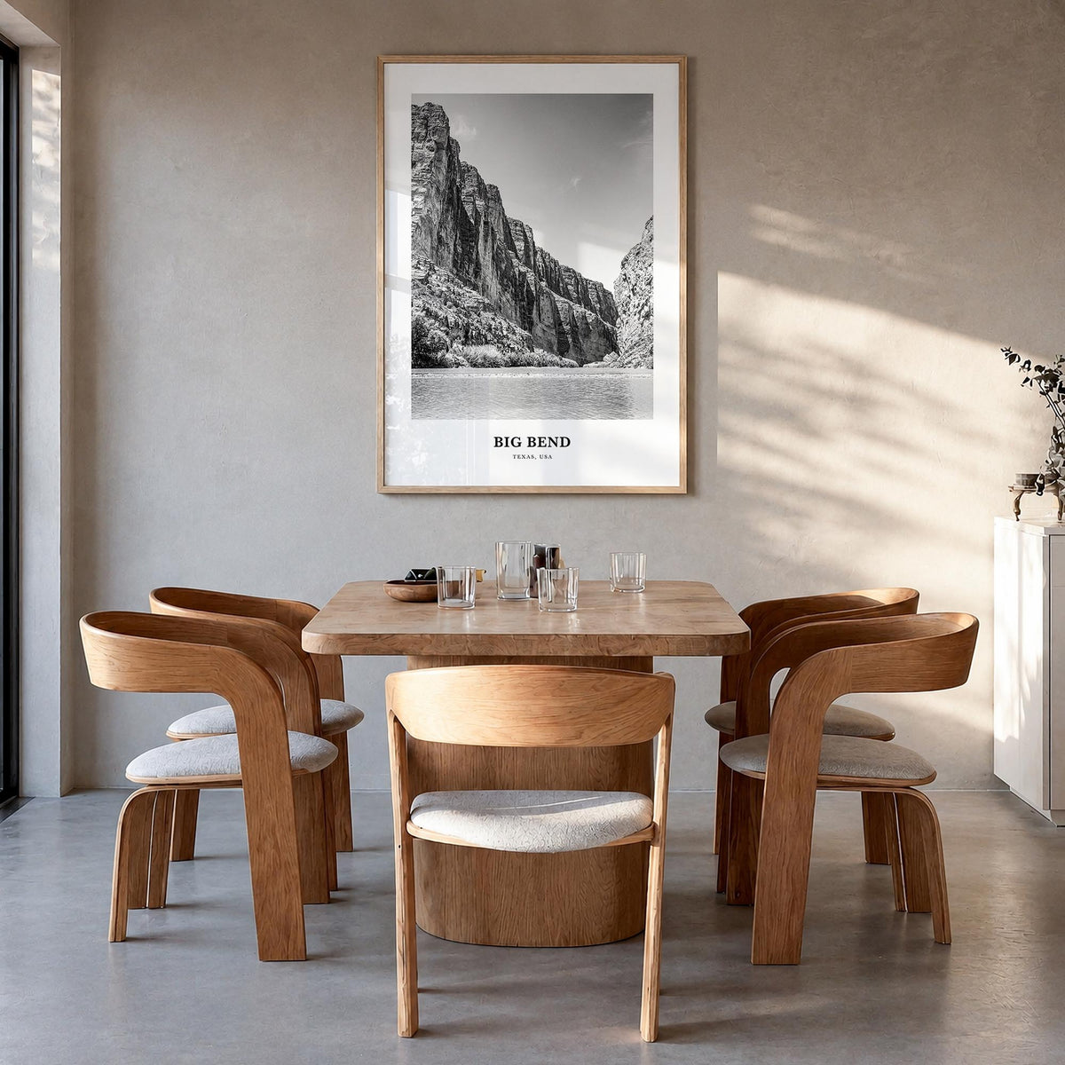 Big Bend National Park black & white classic poster of Texas, USA – vertical wall art in natural wood frame, hanging on wall