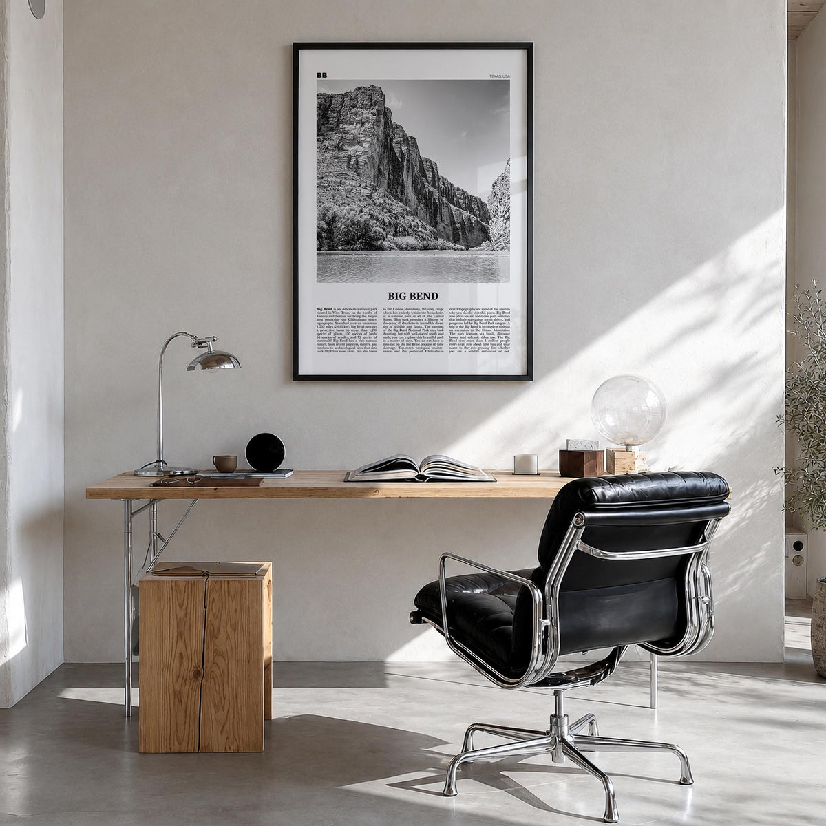 Big Bend National Park black & white newspaper poster of Texas, USA – vertical wall art in black wood frame, hanging on wall