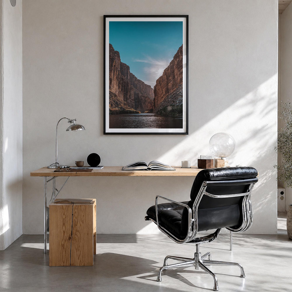 Big Bend National Park colorful photo poster of Texas, USA – vertical wall art in black wood frame with white border, hanging