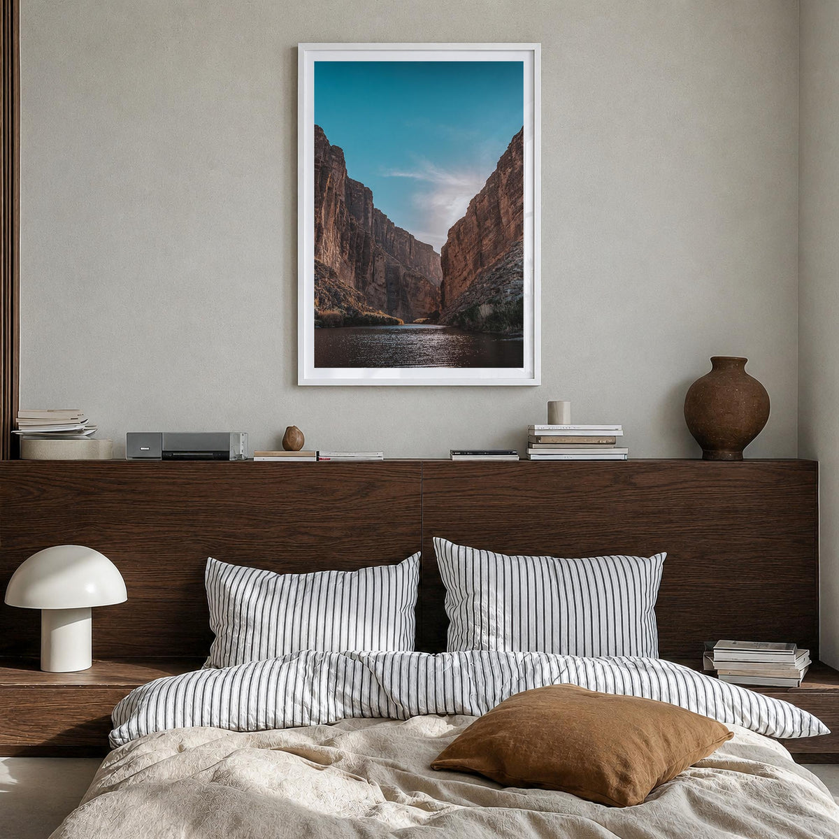 Big Bend National Park colorful photo poster of Texas, USA – vertical wall art in white wood frame with white border, hanging