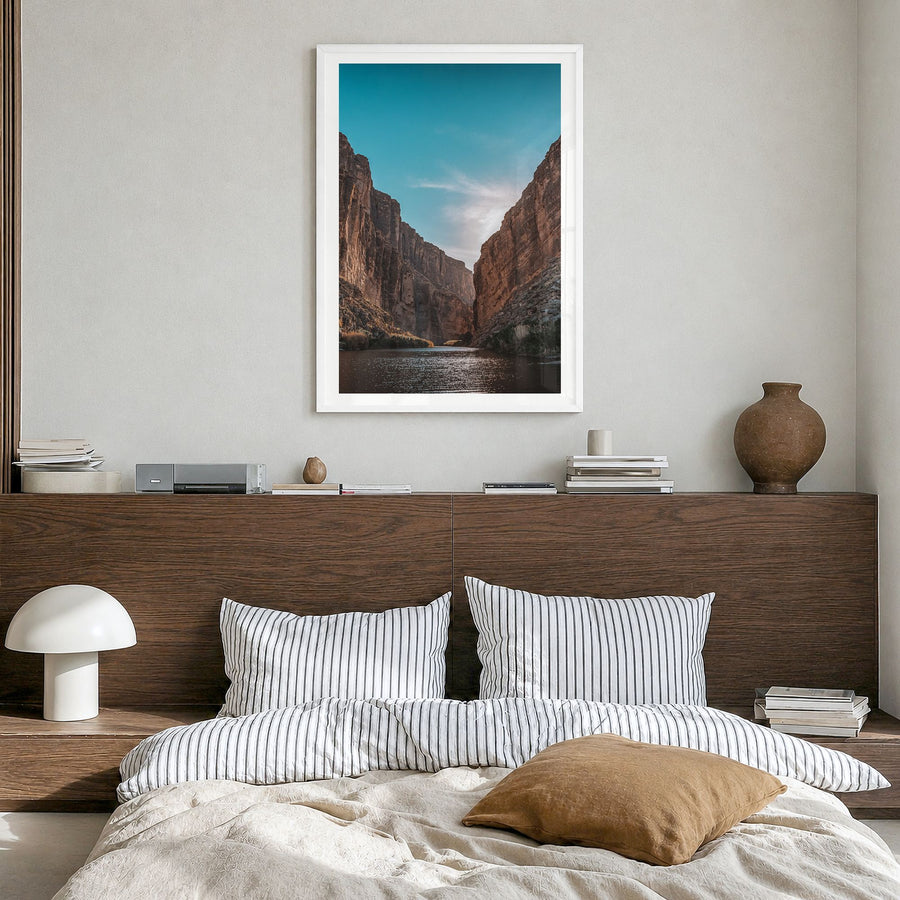 Big Bend National Park Photo Poster in a white wood frame, hanging in a bedroom, white border