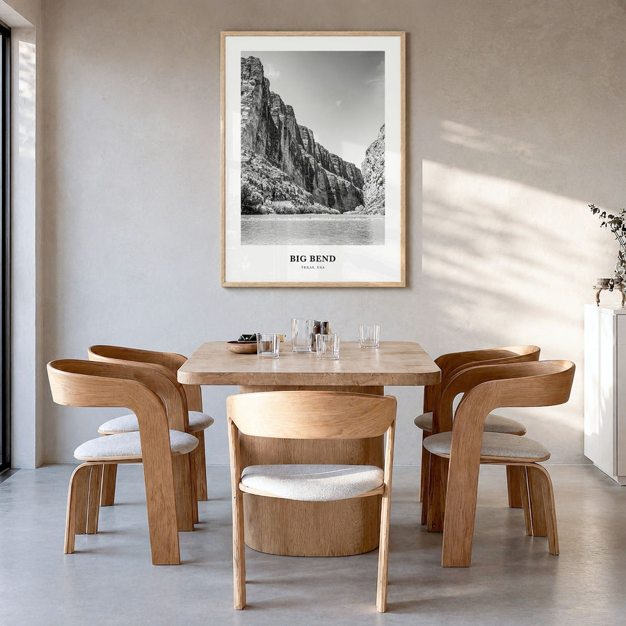 Big Bend National Park Classic Poster in a natural wood frame, hanging in a dining room