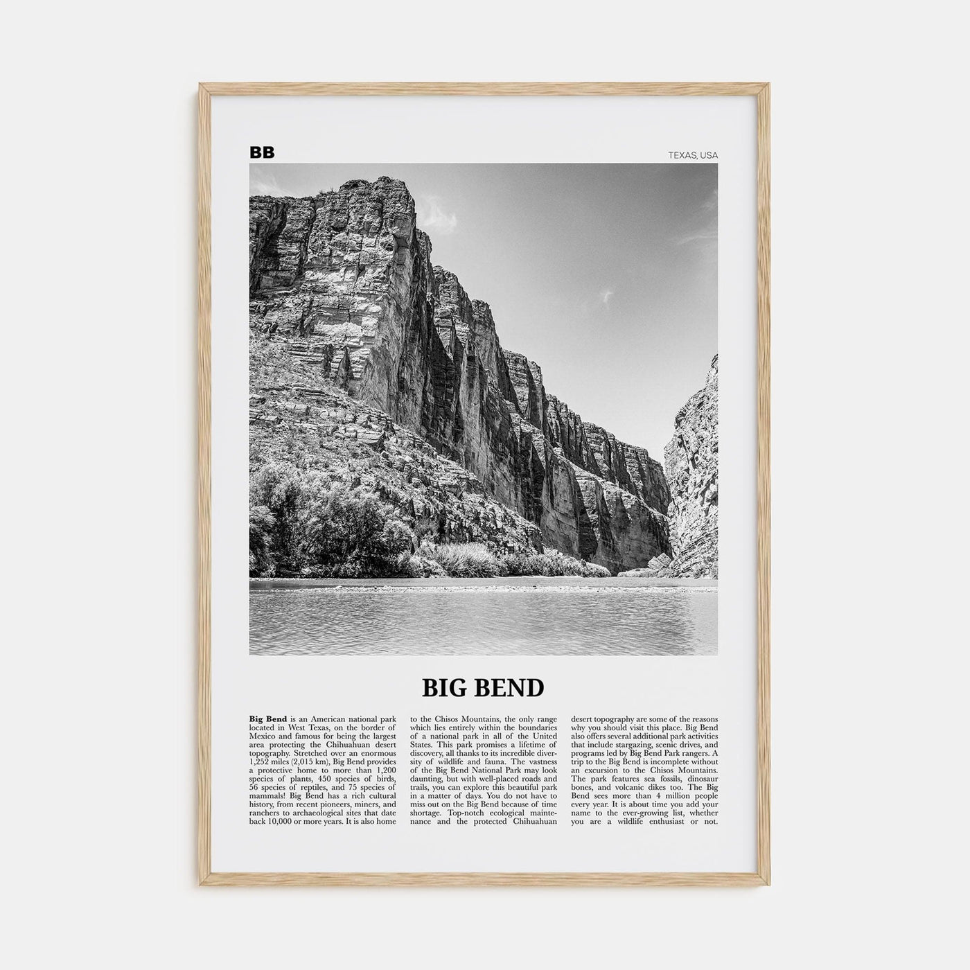 Big Bend National Park Poster Natural Wood / 8x12 in Nbourhood Travel B&W Poster