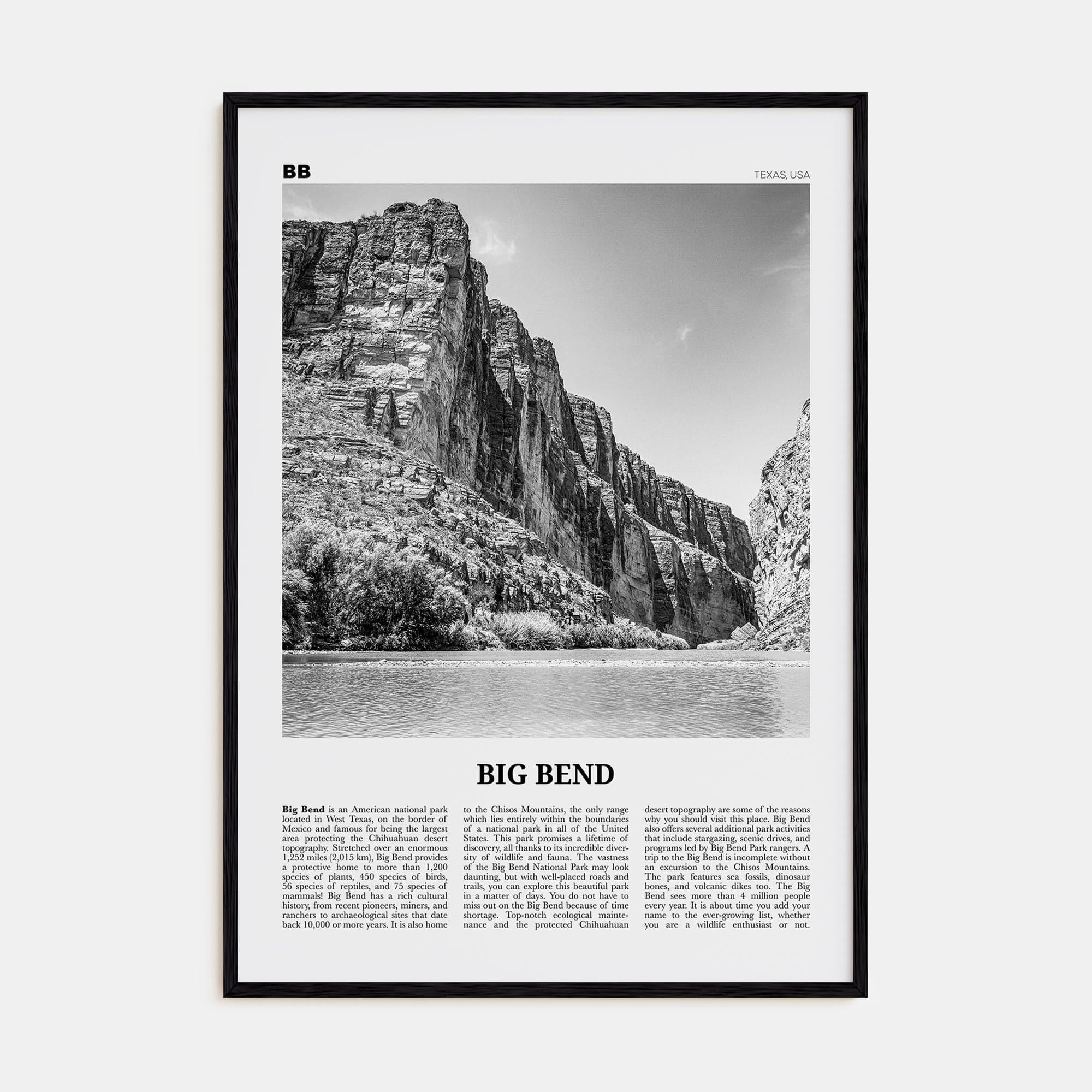 Big Bend National Park Poster Black Wood / 8x12 in Nbourhood Travel B&W Poster