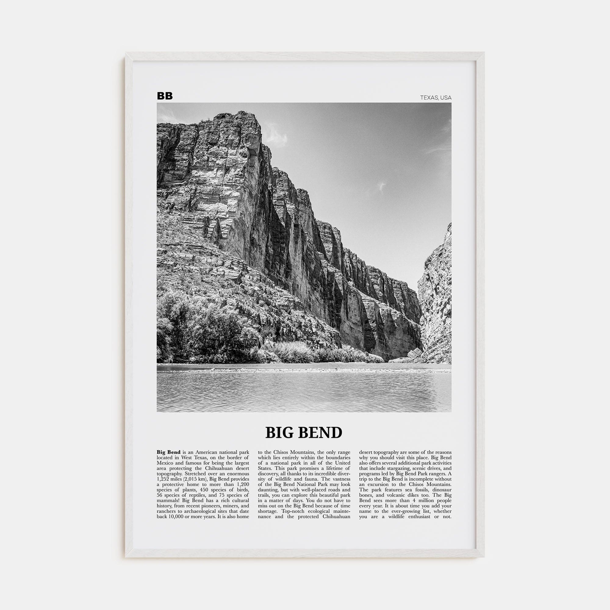 Big Bend National Park Poster White Wood / 8x12 in Nbourhood Travel B&W Poster