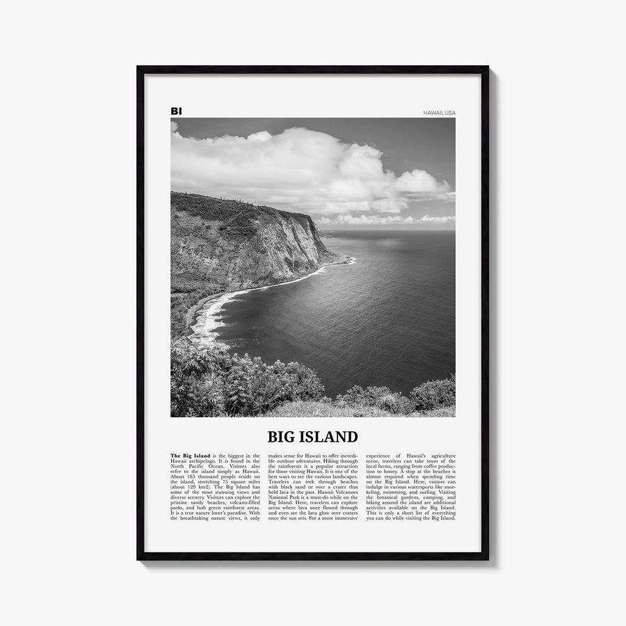 Big Island black & white newspaper poster of Hawaii, USA – vertical wall art, unframed print shown in interior mockup