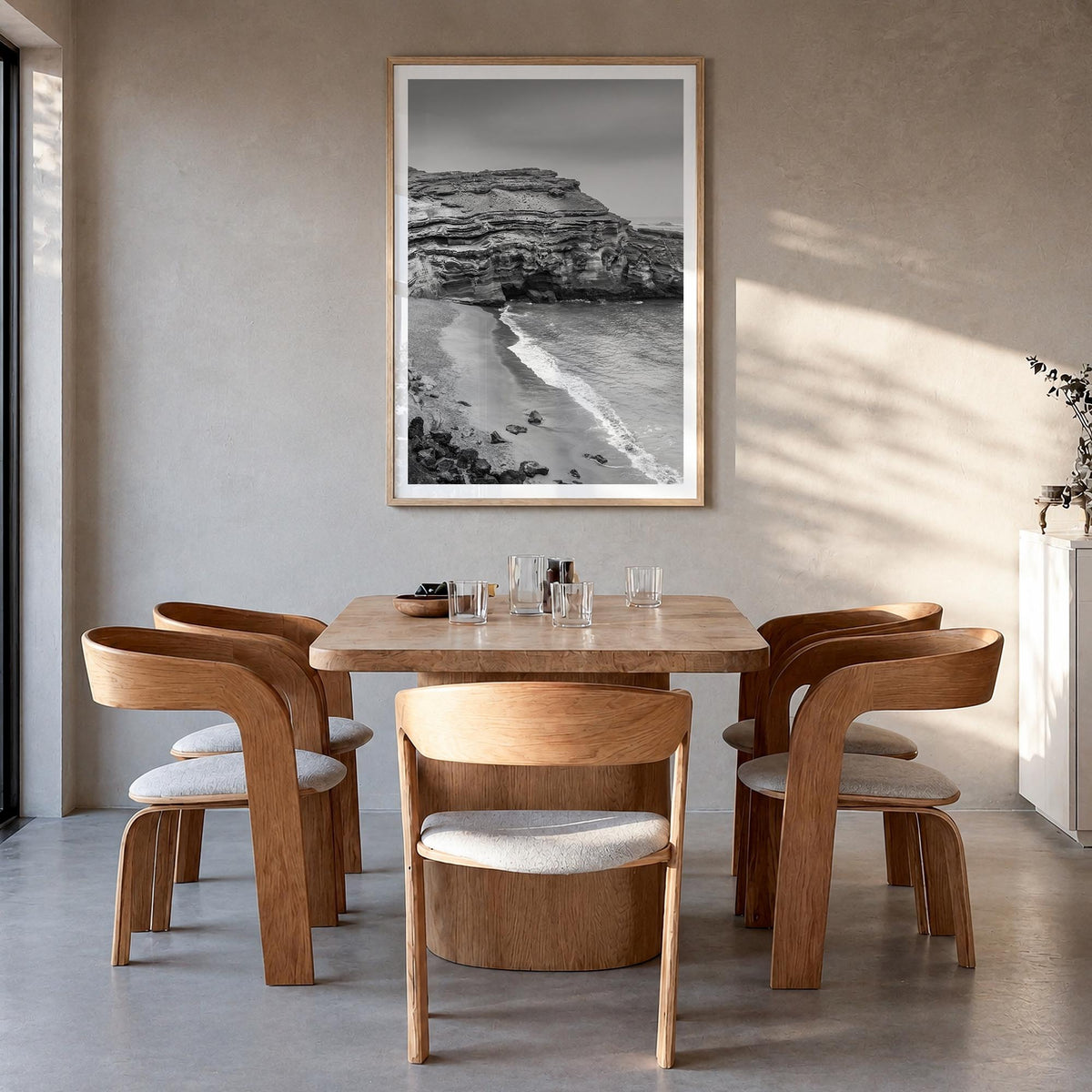 Big Island black & white photo poster of Hawaii, USA – vertical wall art in natural wood frame with white border, hanging on 