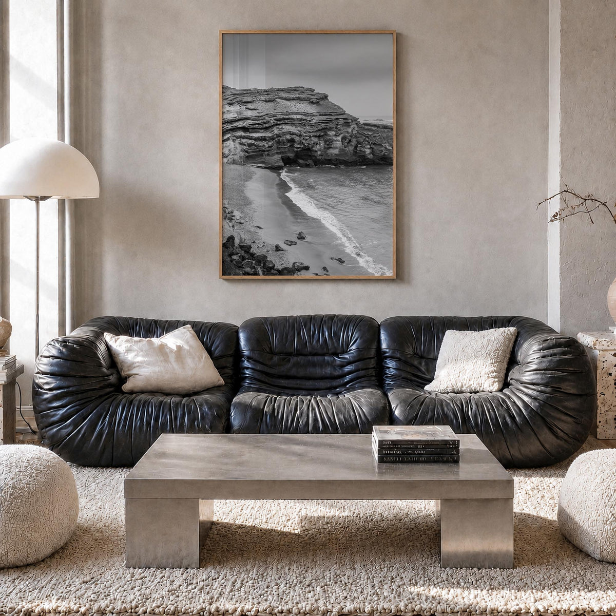 Big Island black & white photo poster of Hawaii, USA – vertical wall art in natural wood frame, hanging on wall