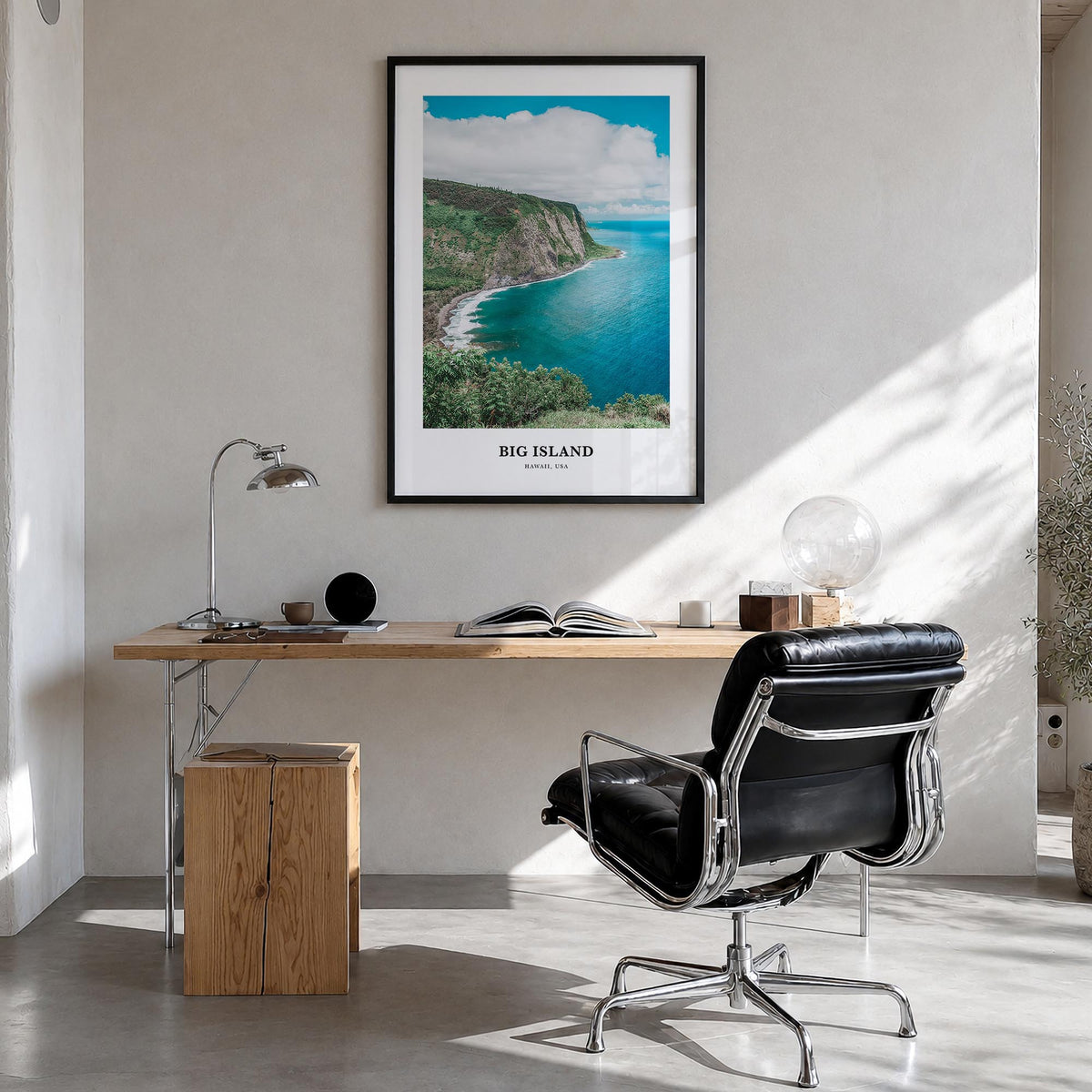 Big Island colorful classic poster of Hawaii, USA – vertical wall art in black wood frame, hanging on wall