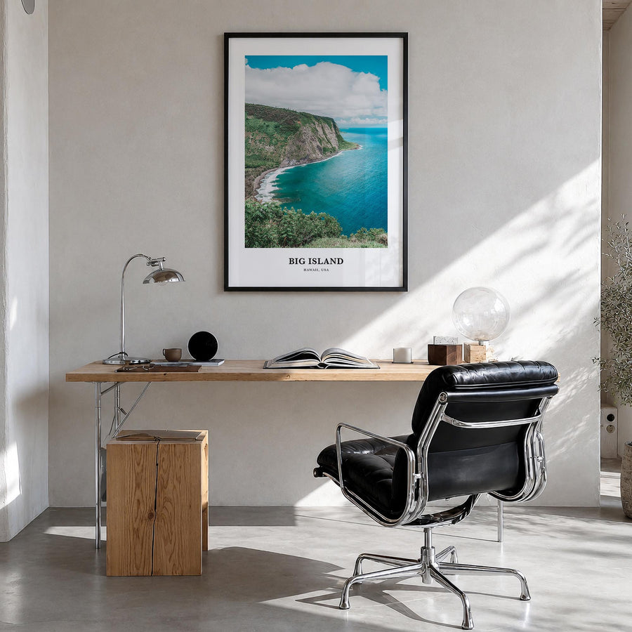 Big Island colorful classic poster of Hawaii, USA – vertical wall art in black wood frame, hanging on wall