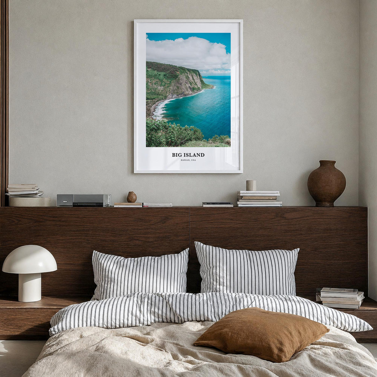 Big Island colorful classic poster of Hawaii, USA – vertical wall art in white wood frame, hanging on wall