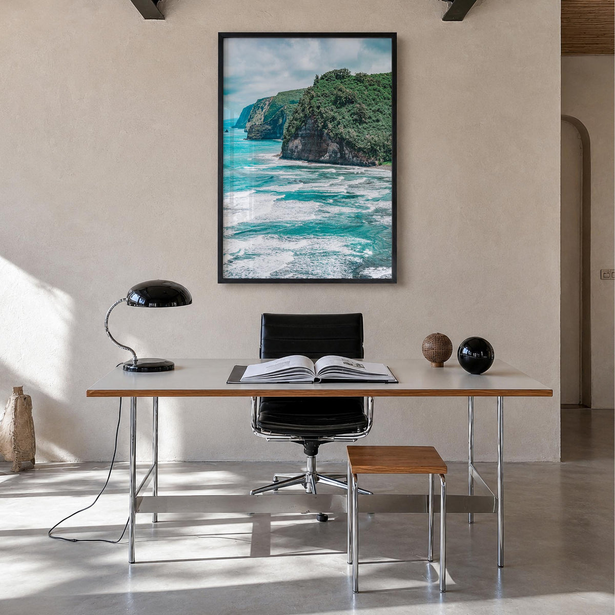 Big Island colorful photo poster of Hawaii, USA – vertical wall art in black wood frame, hanging on wall