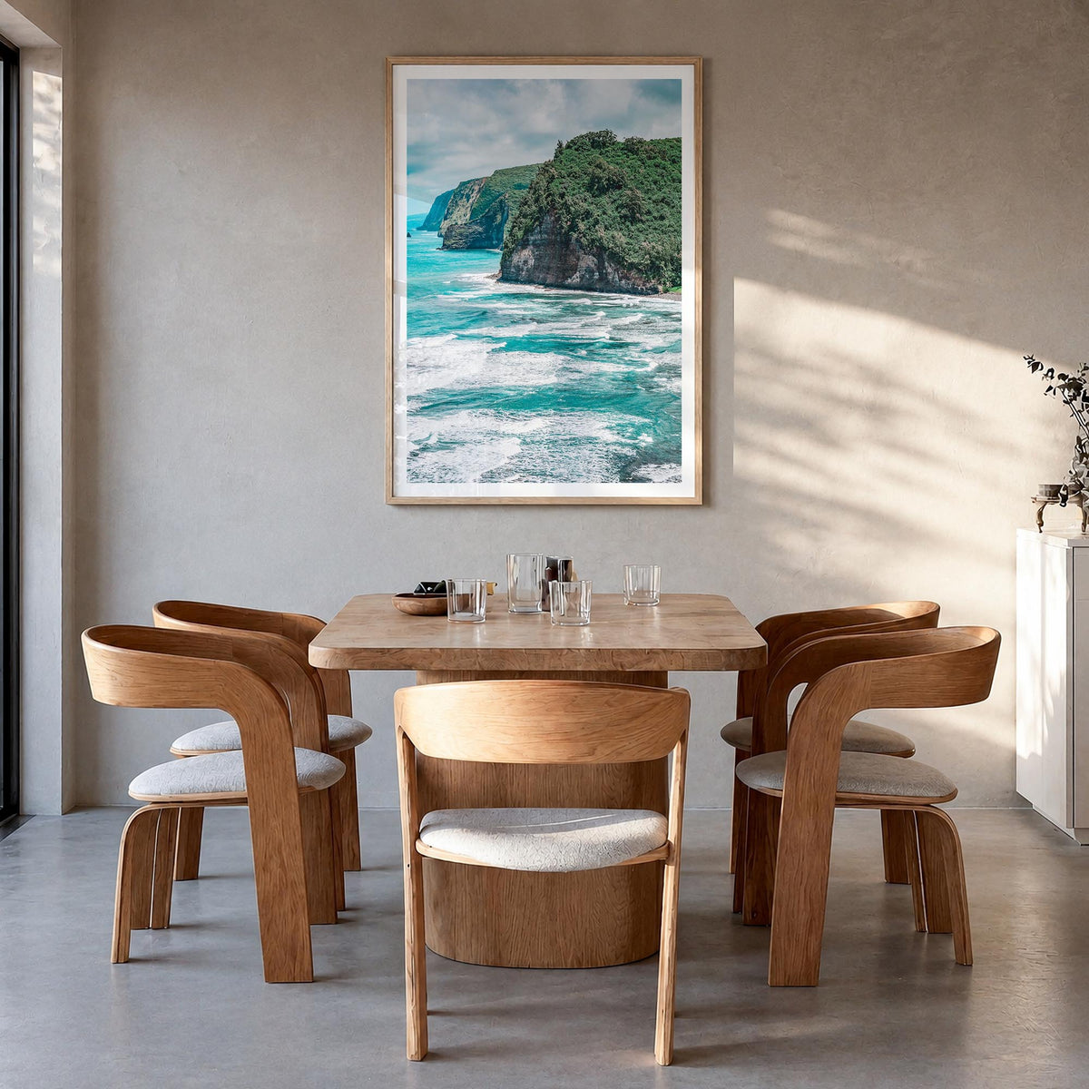 Big Island colorful photo poster of Hawaii, USA – vertical wall art in natural wood frame with white border, hanging on wall