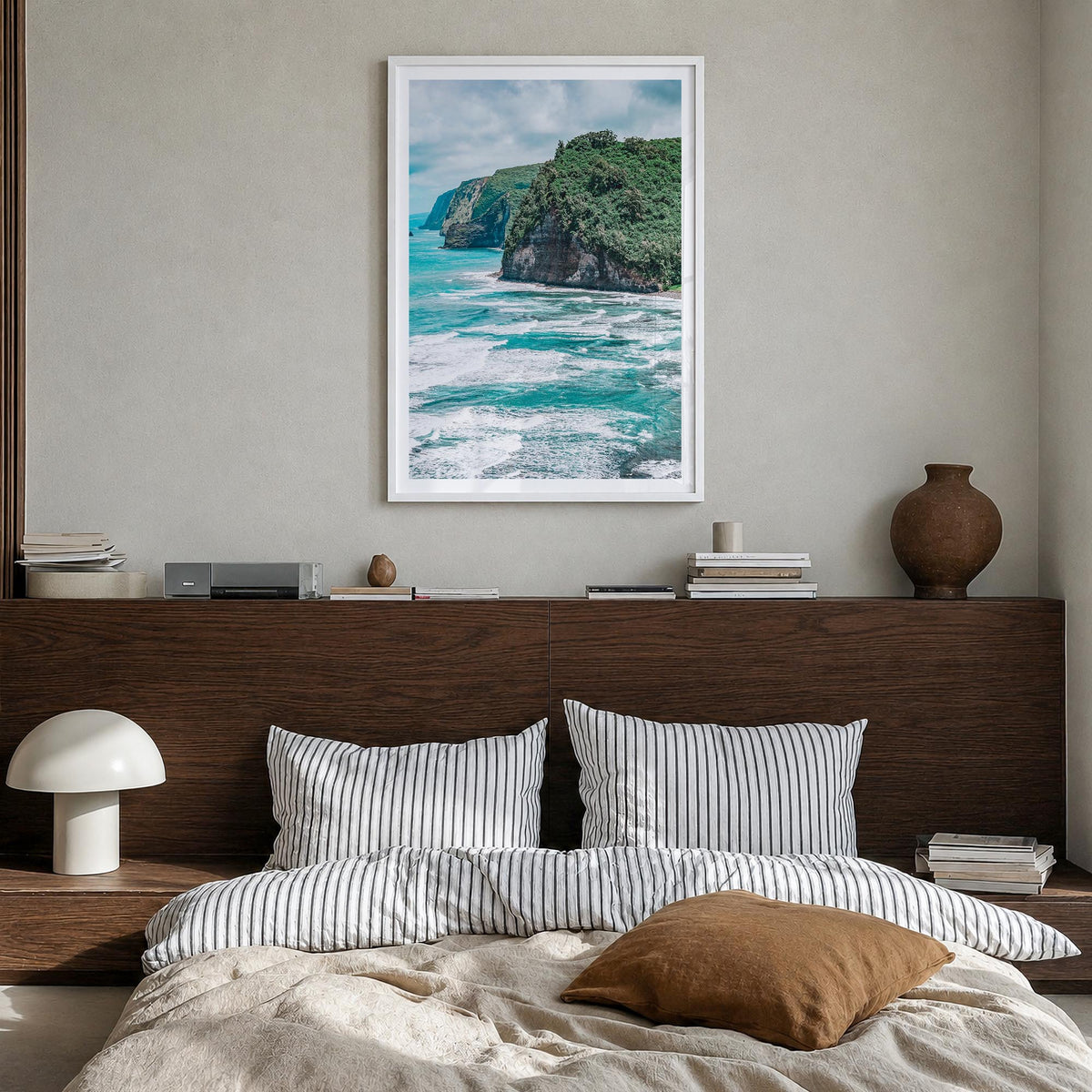 Big Island colorful photo poster of Hawaii, USA – vertical wall art in white wood frame with white border, hanging on wall
