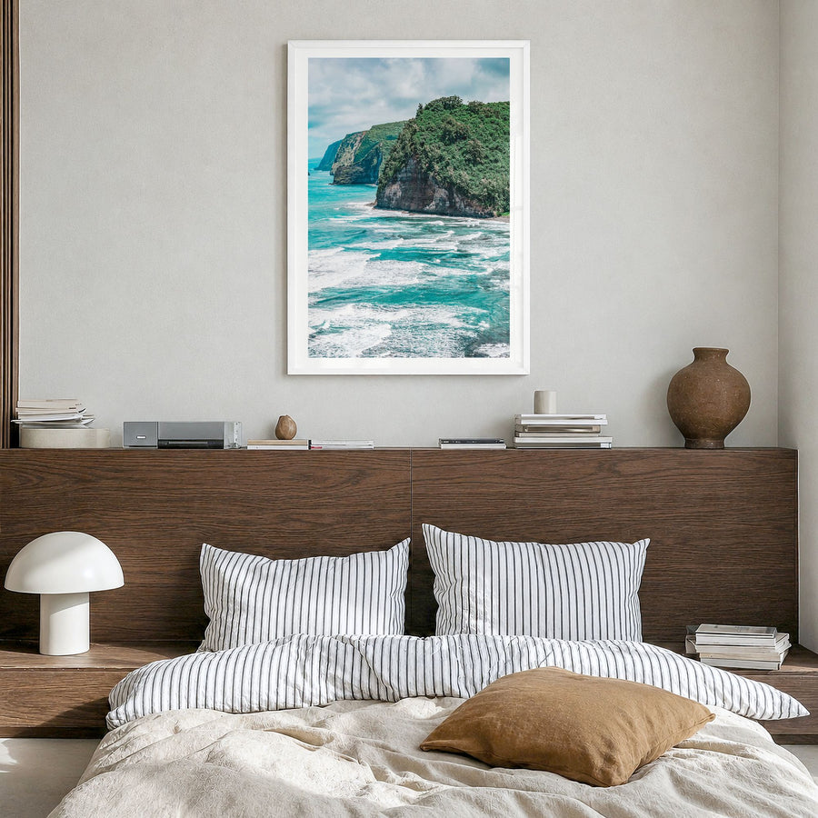 Big Island Photo Poster in a white wood frame, hanging in a bedroom, white border