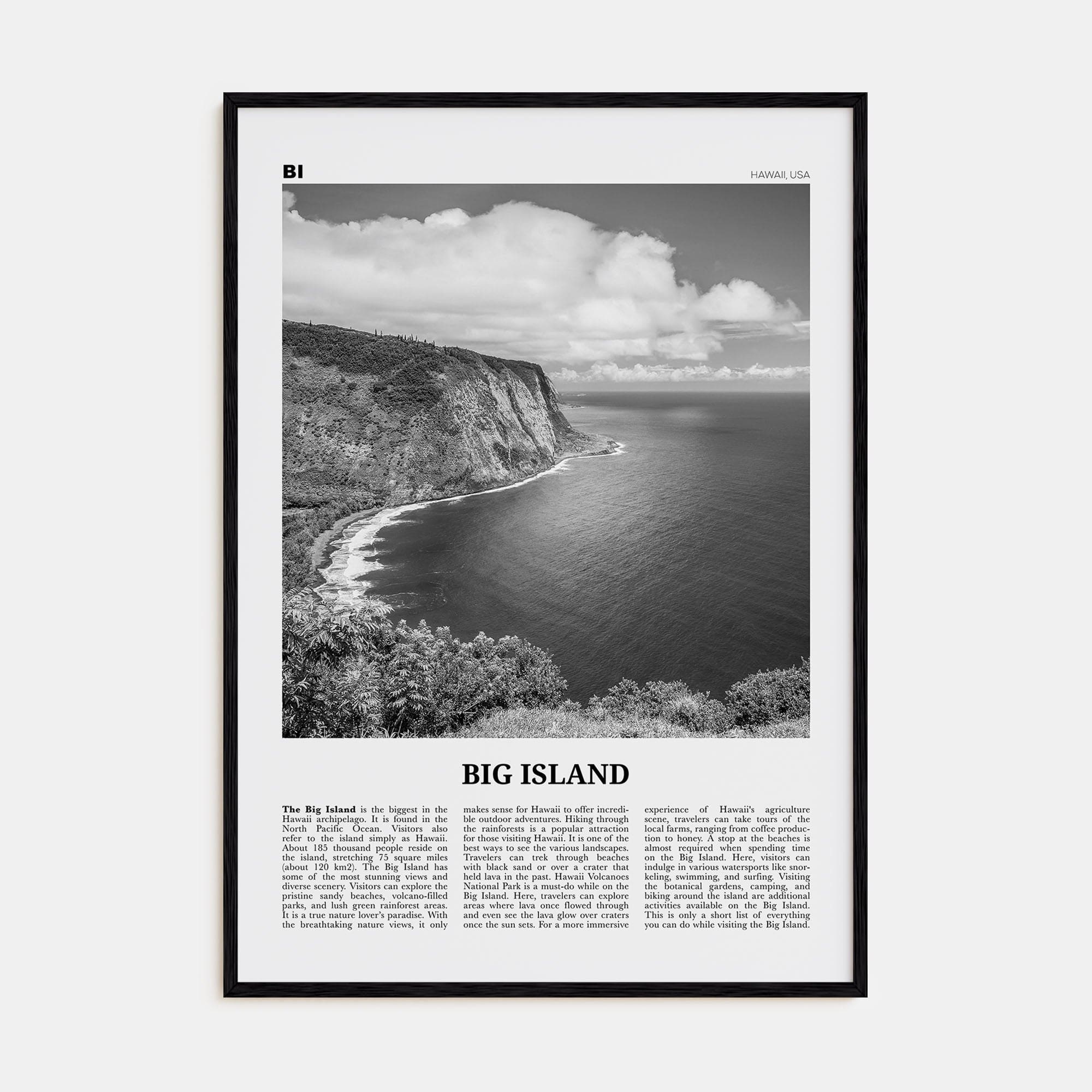 Big Island Poster Black Wood / 8x12 in Nbourhood Travel B&W Poster