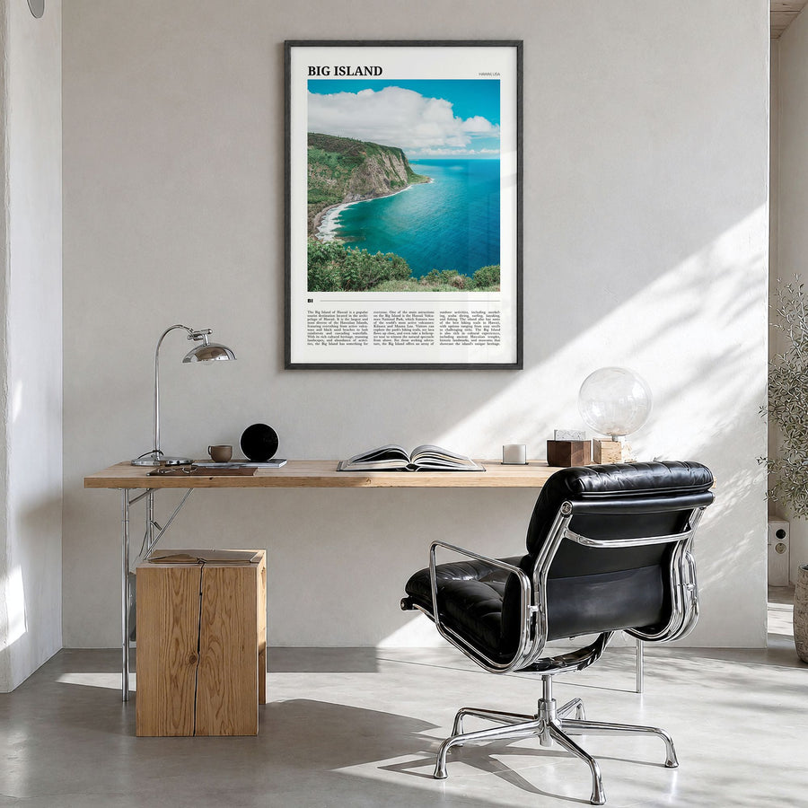 Big Island Travel Poster in a black wood frame, hanging in a bright home office