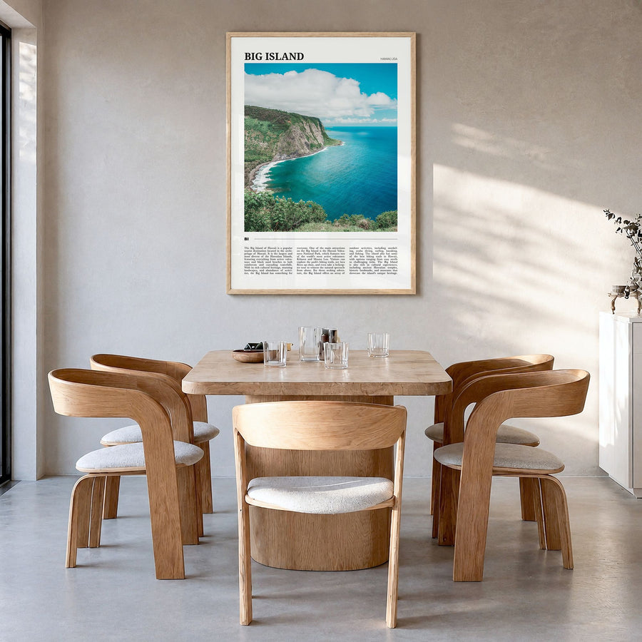 Big Island Travel Poster in a natural wood frame, hanging in a dining room