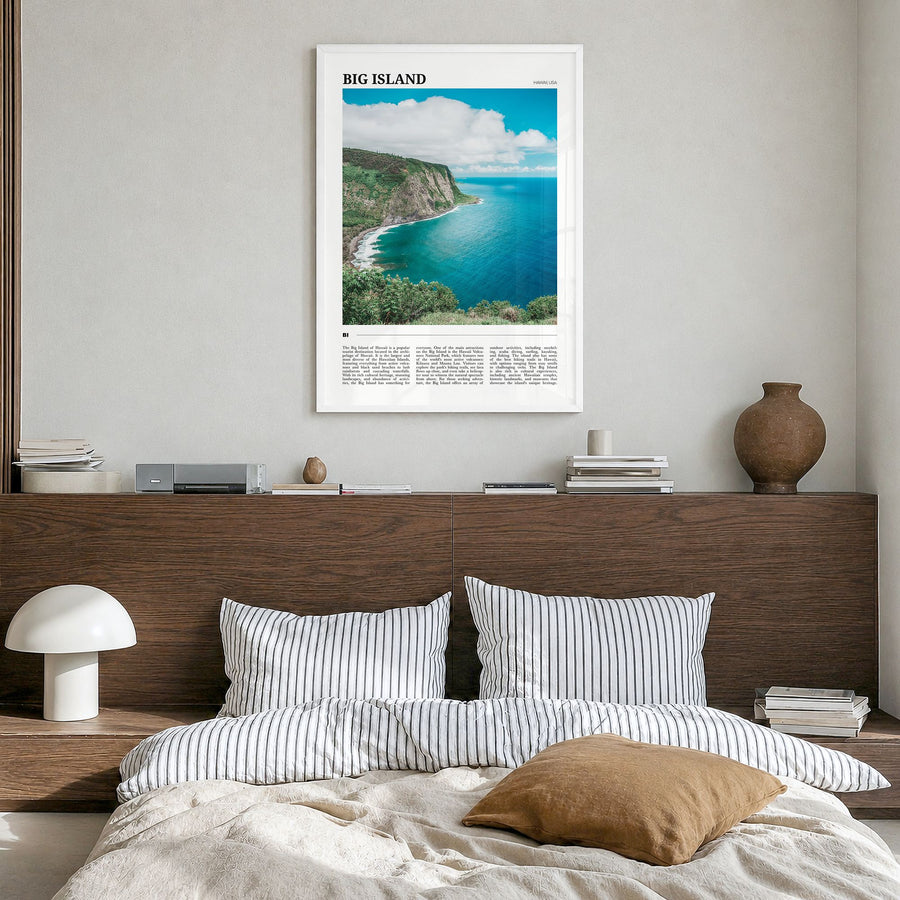 Big Island Travel Poster in a white wood frame, hanging in a bedroom