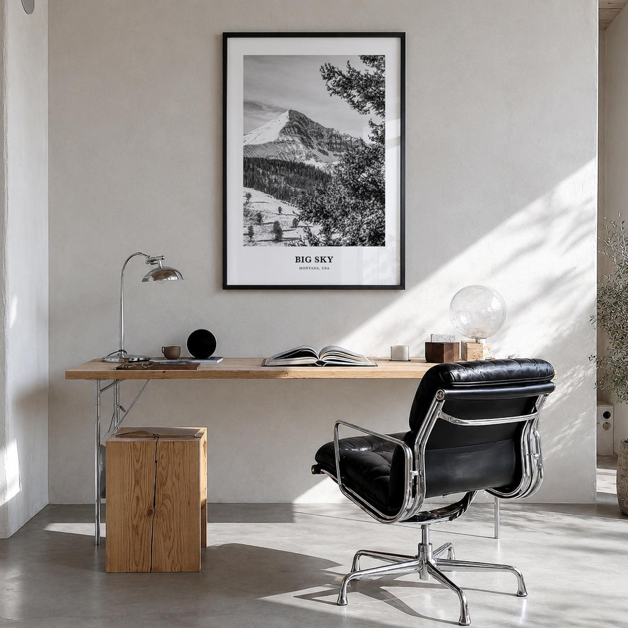 Big Sky black & white classic poster of Montana, USA – vertical wall art in black wood frame, hanging on wall