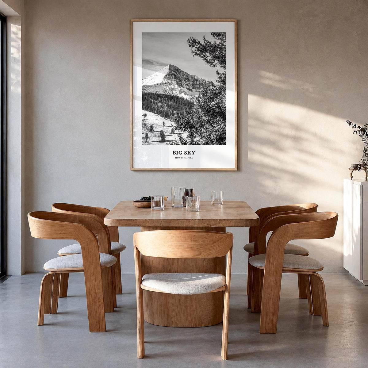 Big Sky black & white classic poster of Montana, USA – vertical wall art in natural wood frame, hanging on wall
