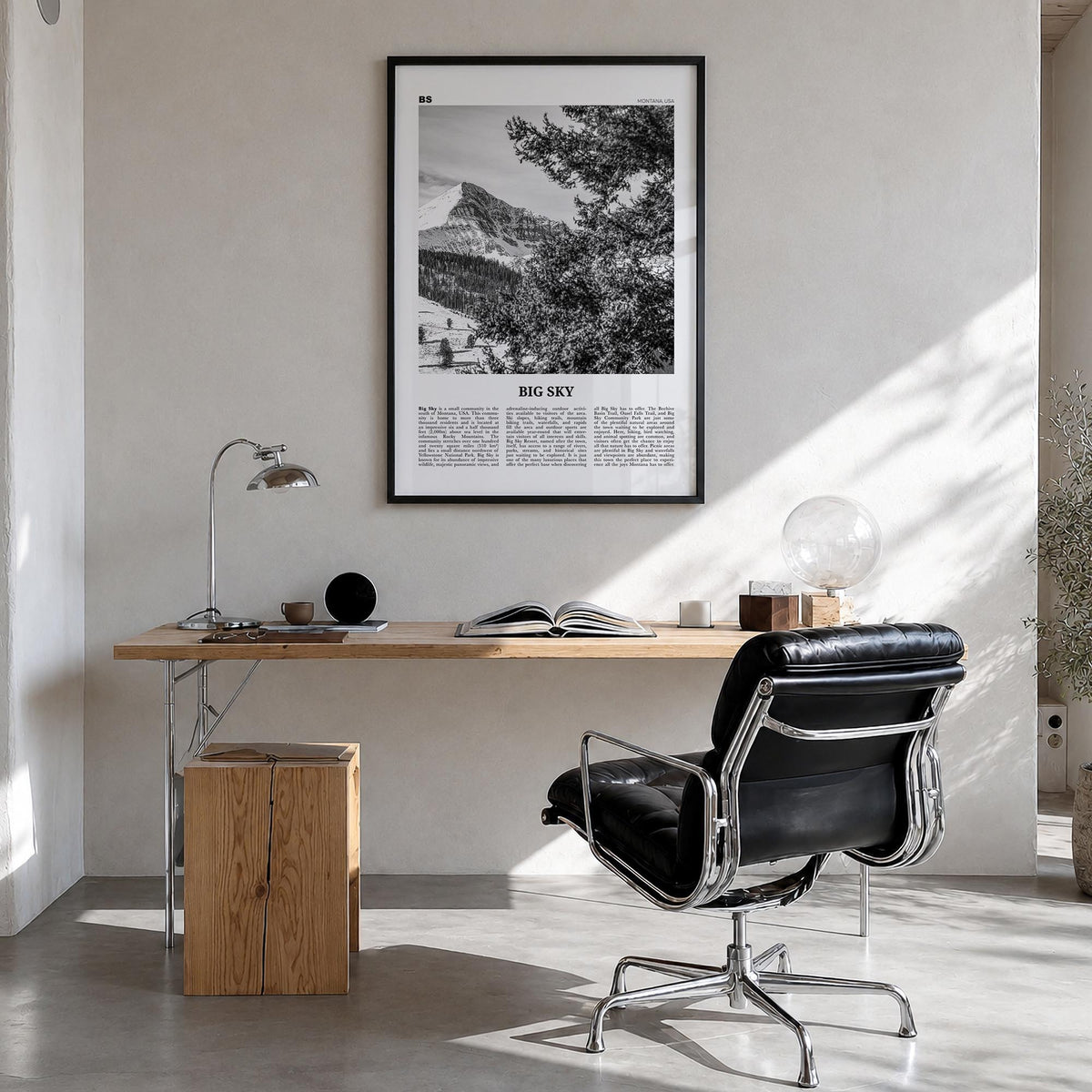 Big Sky black & white newspaper poster of Montana, USA – vertical wall art in black wood frame, hanging on wall