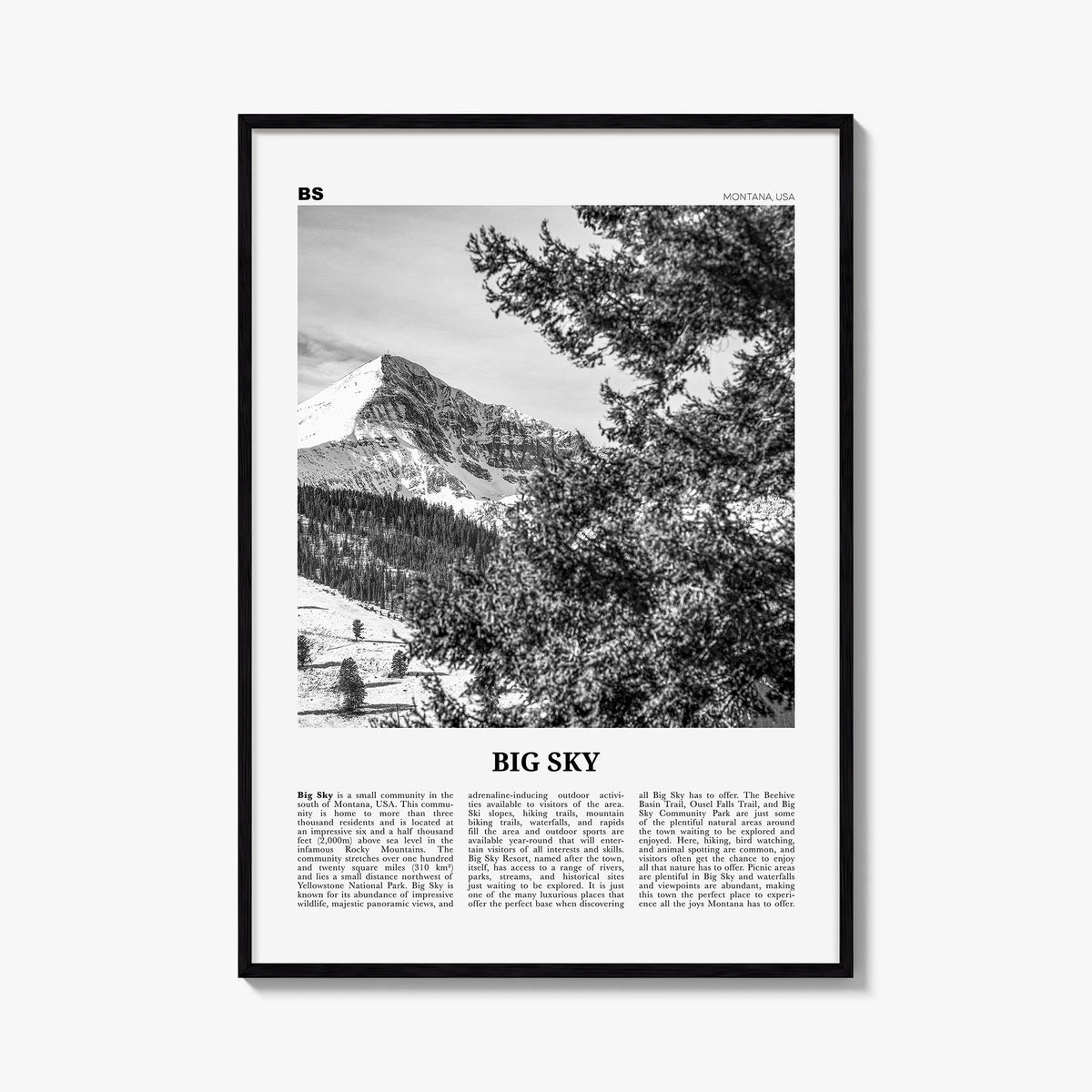 Big Sky black & white newspaper poster of Montana, USA – vertical wall art, unframed print shown in interior mockup