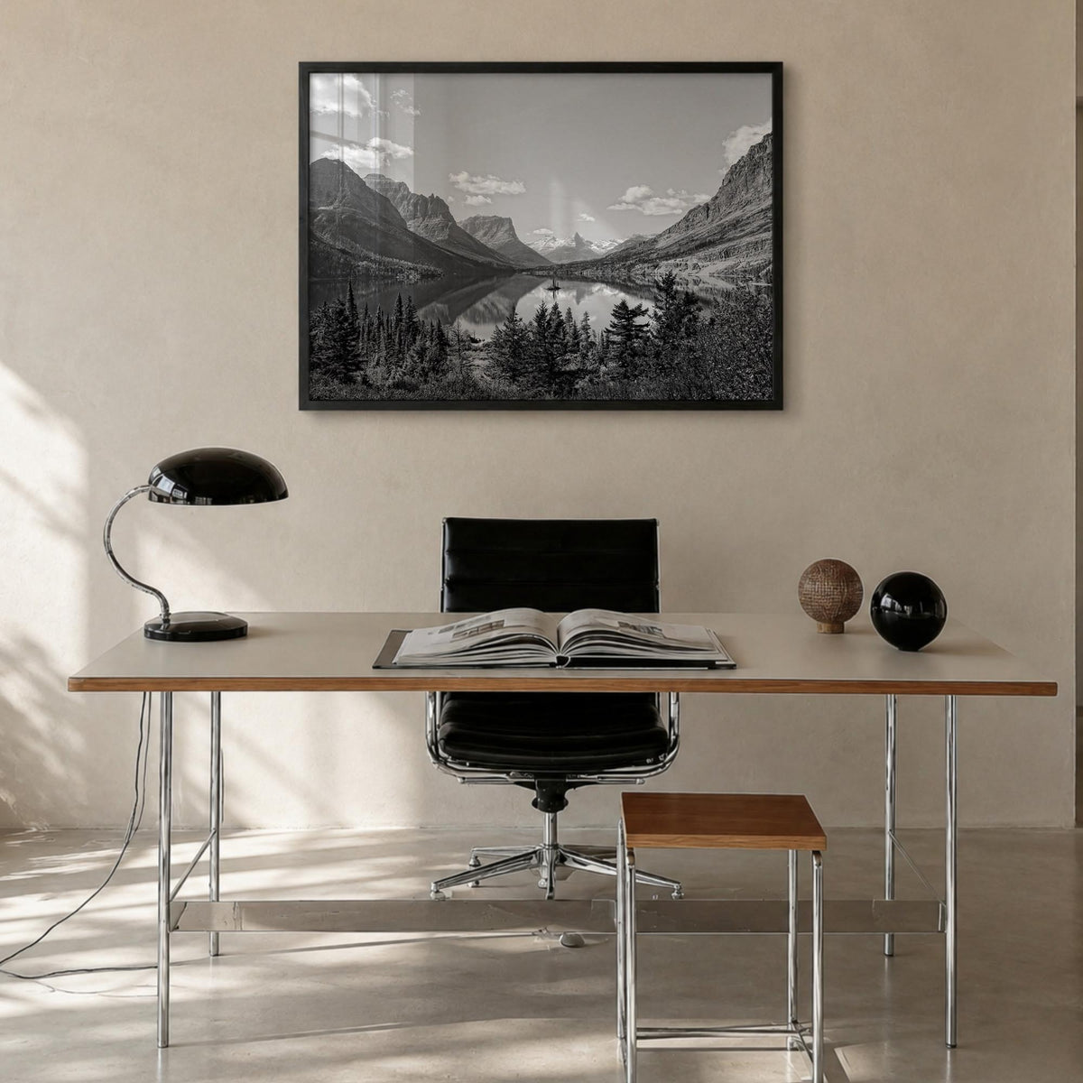Big Sky black & white photo poster of Montana, USA – horizontal wall art in black wood frame, hanging on wall